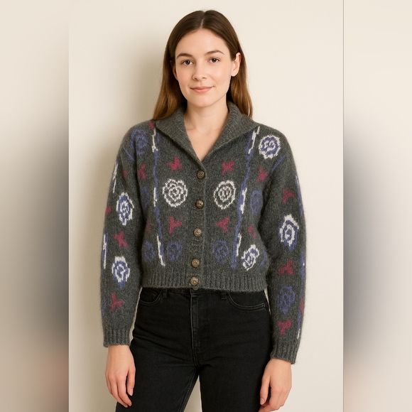 Vintage Europrep Fuzzy Knit Cardigan Sweater Gray Floral Butterfly Pattern L - Picture 1 of 6
